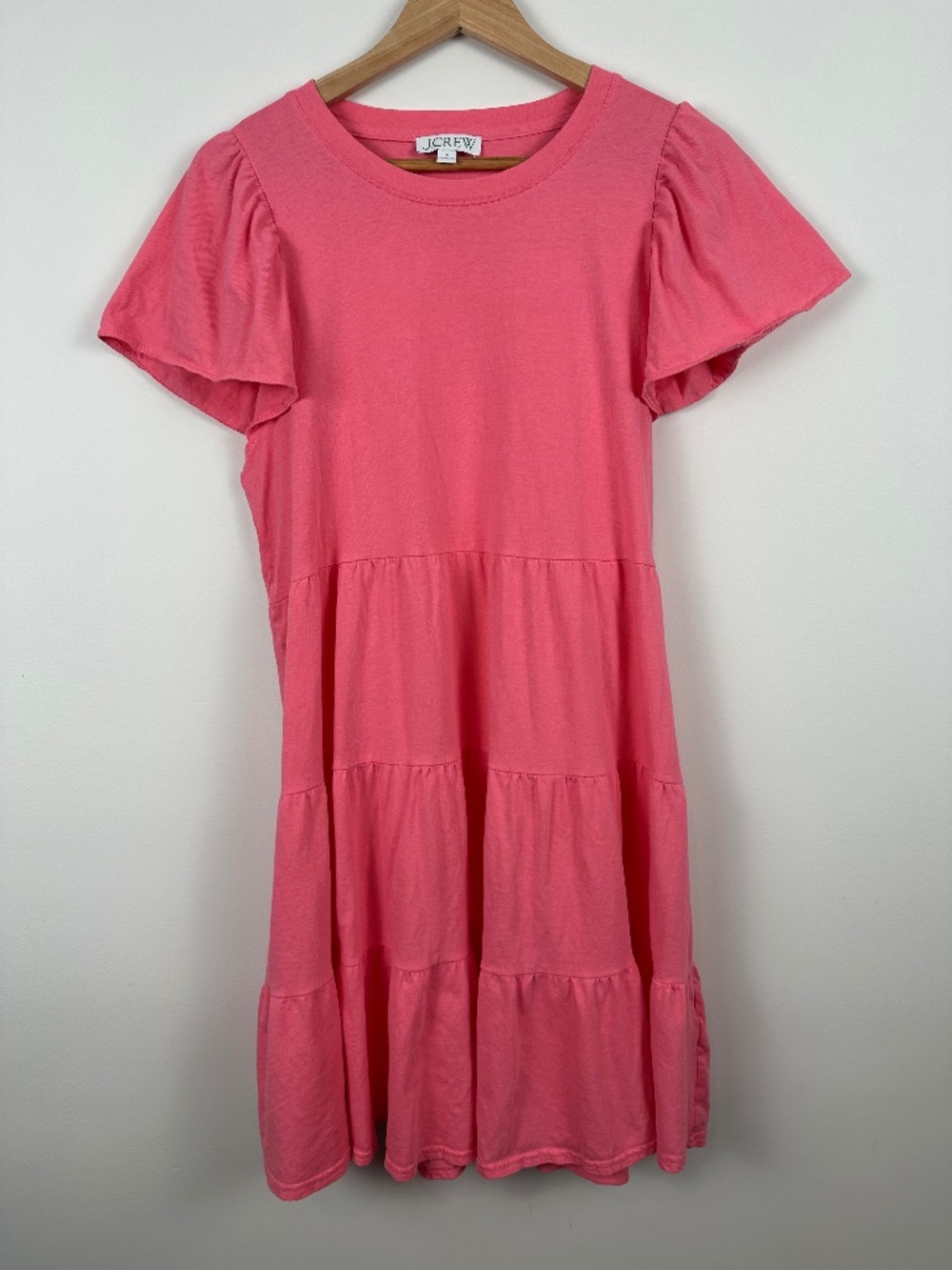 J.Crew Coral Pink Cotton Tiered Knee Length Dress Flutter Sleeve L